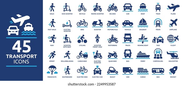 Transport icon set. Containing car, bike, plane, train, bicycle, motorbike, bus and scooter icons. Solid icon collection.