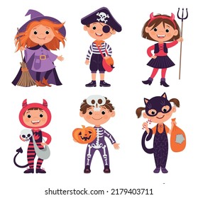 Maltratar o tratar a los niños. Personajes infantiles con disfraces de Halloween. Graciosos trajes de carnaval monstruosos. Niños o niñas sonrientes con ropa de cosplay festivo. Horror. Vector