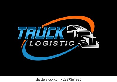 truck trailer transport logistics, delivery, express, cargo company, fast shipping, design template logo illustration silhouette, emblem isolated on dark background, black