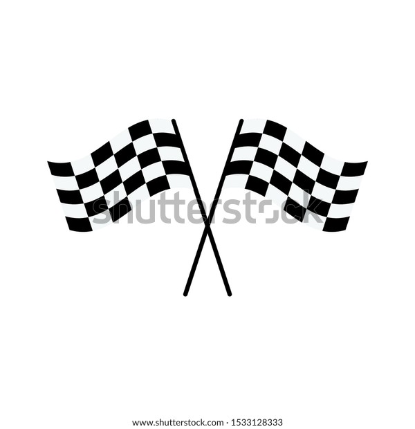 Two black and white checkered flags crossed\
into X shape - race car rally competition symbol isolated on white\
background, flat cartoon style drawing of finish line sign, vector\
illustration