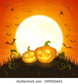 Two smiling pumpkins on orange background with moon. Holiday card with Jack O Lanterns, bats and spiders. Illustration can be used for holiday cards, invitations, banners.