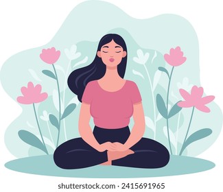 Vector illustration in flat style. Young happy woman doing yoga, meditating in lotus pose on flower background