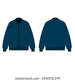 Vector illustration of men's jacket in blue color with zipper closure. Technical drawing of bomber jacket with pockets, front and back view. Sketch of jacket with zipper, vector.