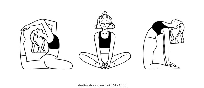 Vector illustration set of women with wavy hair practicing yoga. Cartoon outline drawing with female characters isolated on white background. Mermaid Pose, Lotus pose, Camel Pose. 