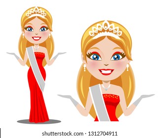 A vector of a model from a beauty pageant. The winning model is wearing a gown and also the winning crown