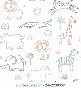 Vector seamless pattern with cartoon safari jungle animals zebra, lion, elephant, crocodile, giraffe, leopard, rhinoceros, hippopotamus. Hand draw cute animals in sketch style. Doodle style line art.