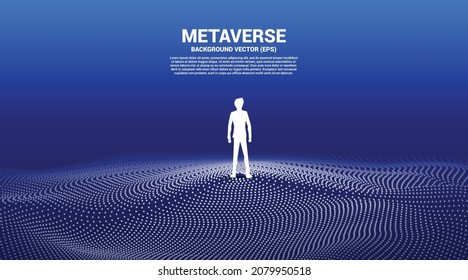 Vector Silhouette of businessman stand and Digital Contour curve dot and line and wave with wireframe . Concept for metaverse and VR technology .