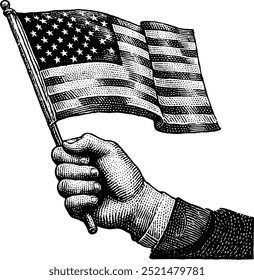 Ilustración de la bandera americana de la mano de Antiguas, ilustración vintage de una mano que agarra firmemente una Pequeña bandera americana que agita