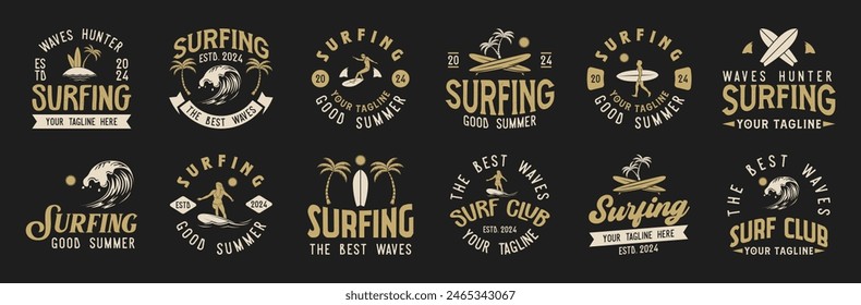 Vintage Surf club vector logo set template. Set of surfing emblems. Vector illustration set of logos on surfing theme. Surf club logo bundle. Surfing logo vector for t-shirt design