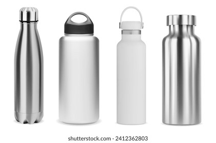 Water bottle mockup. Steel metal thermo flask, vector mockup. Reusable stainless steel sport bottle, isolated on white. Gym or travel water container, closed with cap, portable blank template