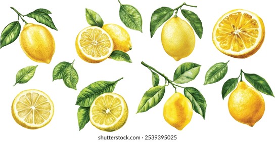 Watercolor lemon illustrations. Hand-painted lemon branches with lush green leaves on a white background for design projects.