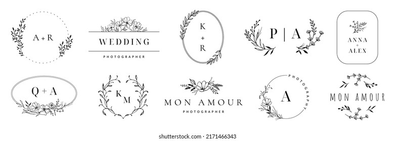 Wedding logo. Elegant monogram, hand drawn marriage invitations with wreath borders vector set. Illustration of wedding monogram logo with flower frame