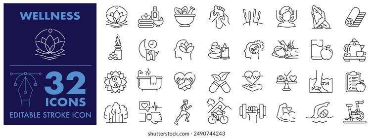 Wellness, Wellbeing and Lifestyle Editable Stroke Icon. Included Spa, Mental Health, Healthcare, Fitness, massage, yoga, spa, relaxation and More