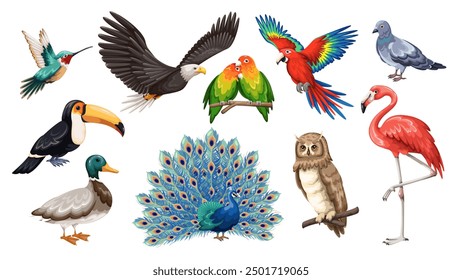 Wild and zoo different birds cartoon set. Birds portrait collection of toucan, pigeon and peacock, flamingo and duck. Flying cartoon hummingbird, macaw and eagle, lovebirds, owl vector illustration