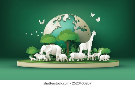 World Animal Day and world wildlife  with a green globe , lush green leaves and plants surround various white animals are shown, elephant, giraffe, rhinoceros, lion and more,   paper cut style