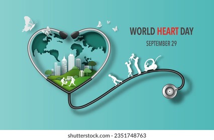 World Heart Day concept, a lot of people at the background involved in activity, paper art and craft style, flat-style vector illustration.