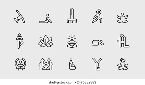 Yoga and meditation icons. Large set of yoga and meditation trendy minimal icons. Yoga Pose, Meditation, Stretching icon. Design signs for web page, mobile app, packaging design. Vector illustration