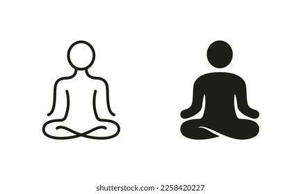 Yoga Position Silhouette and Line Icon Set. Meditate Relax Pictogram. Spiritual Chakra Zen Icon. Calm Aura Galaxy Serenity and Health Body. Editable Stroke. Isolated Vector Illustration.