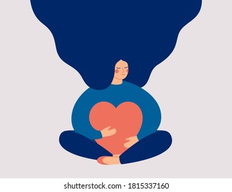 Young woman embraces a big red heart with mindfulness and love. Smiling female character sits in lotos pose with closed eyes and enjoys her freedom and life. Body positive and mental health concept. 