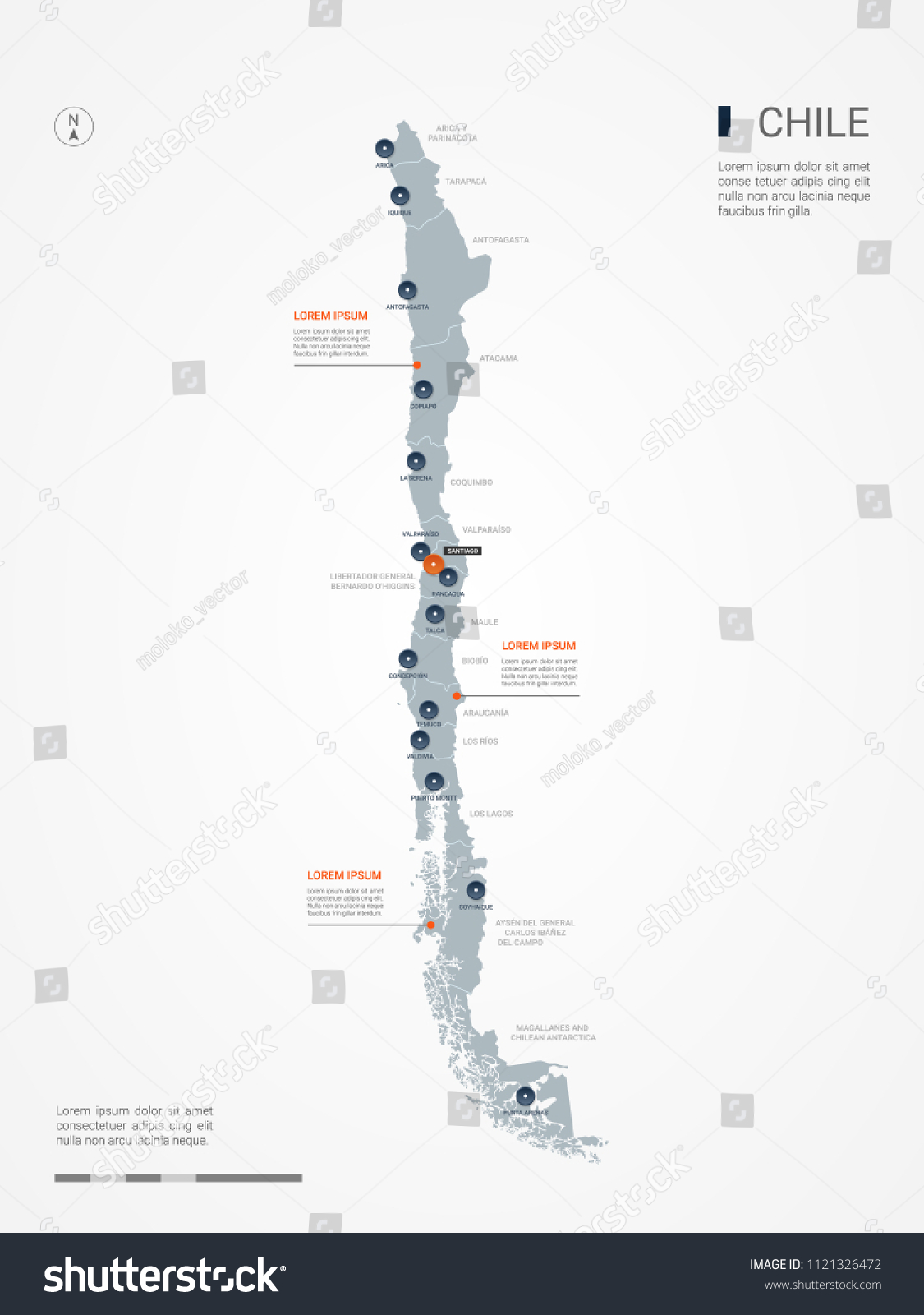 Chile Map Borders Cities Capital Santiago Stock Vector (Royalty Free ...