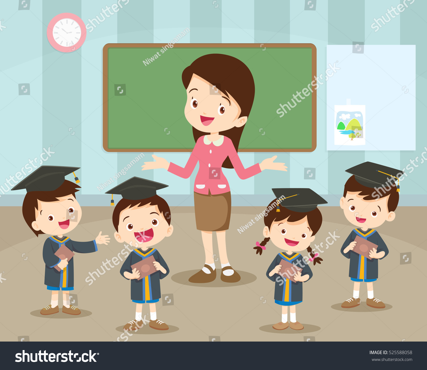 Woman Teacher Cute Graduation Students Stock Vector (Royalty Free ...