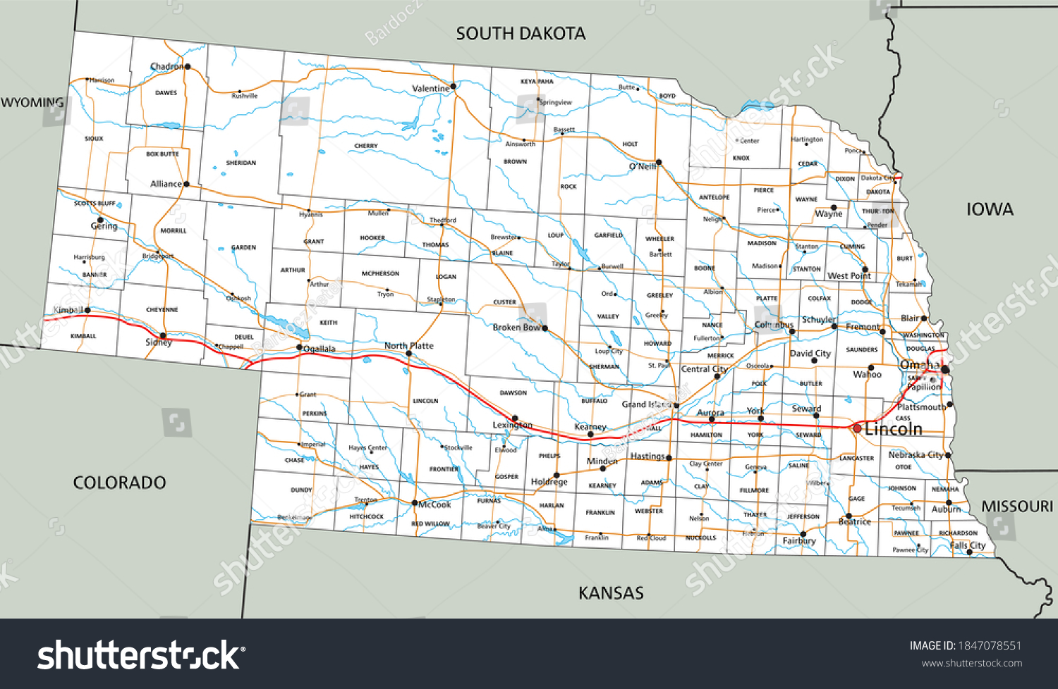 High detailed Nebraska road map with labeling. - Royalty Free Stock ...