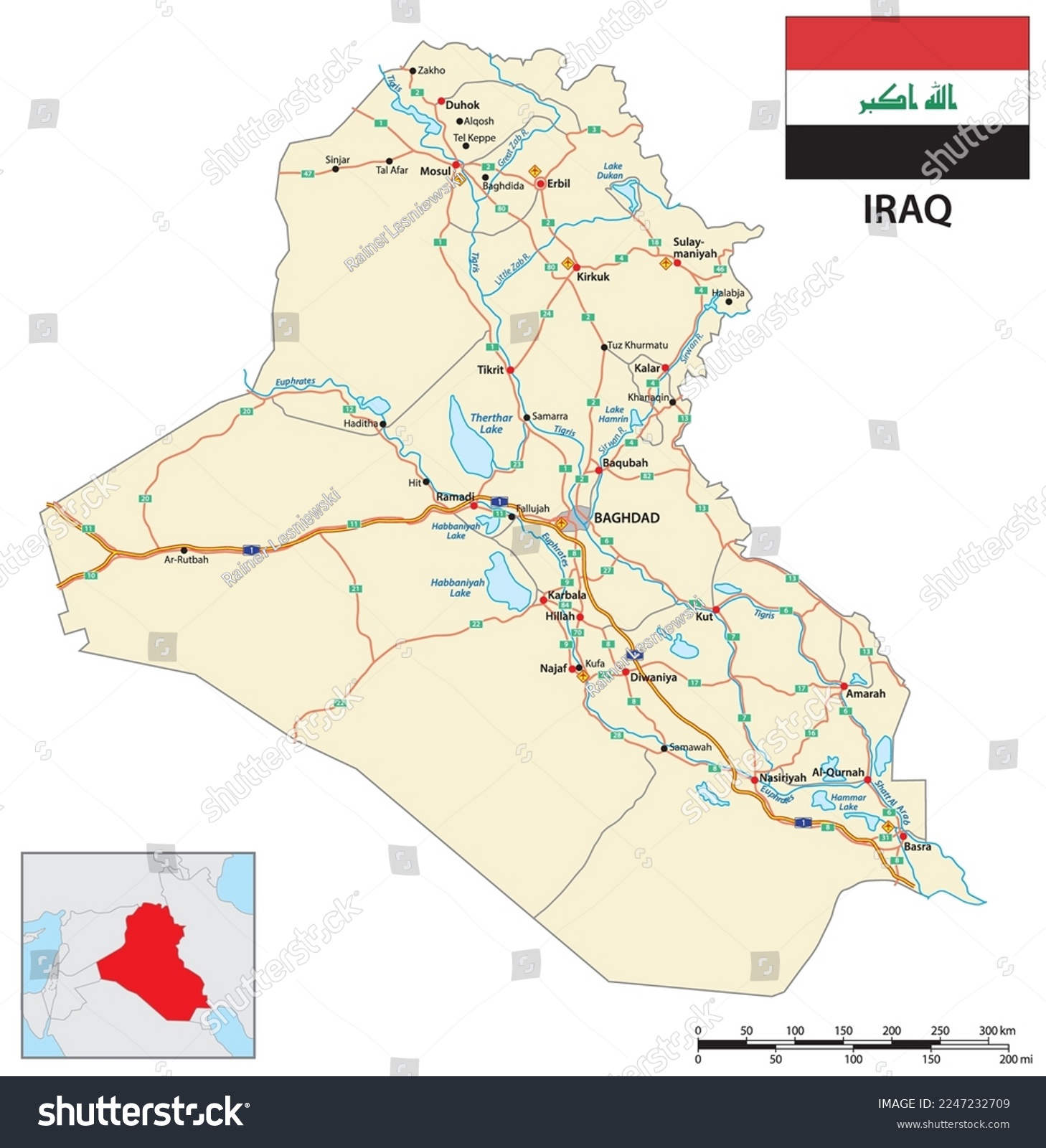 Vector road map of Iraqi Republic with flag - Royalty Free Stock Vector ...