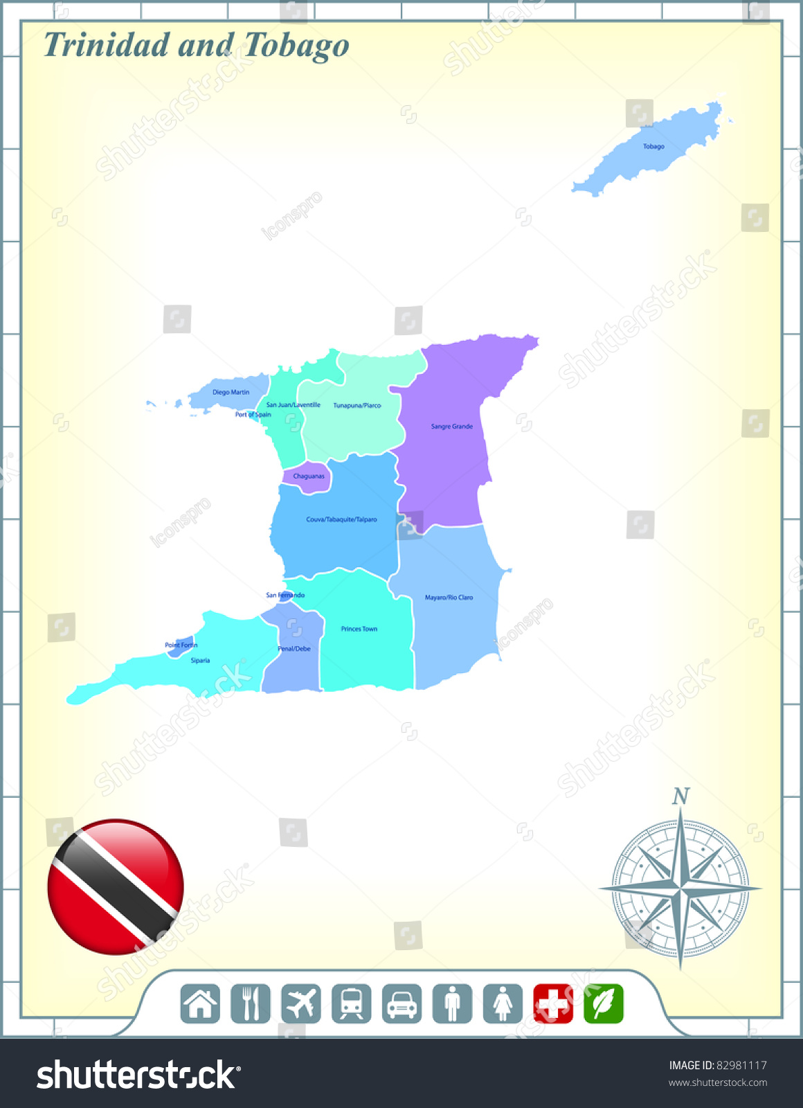 Trinidad and Tabago Map with Flag Buttons and - Royalty Free Stock ...