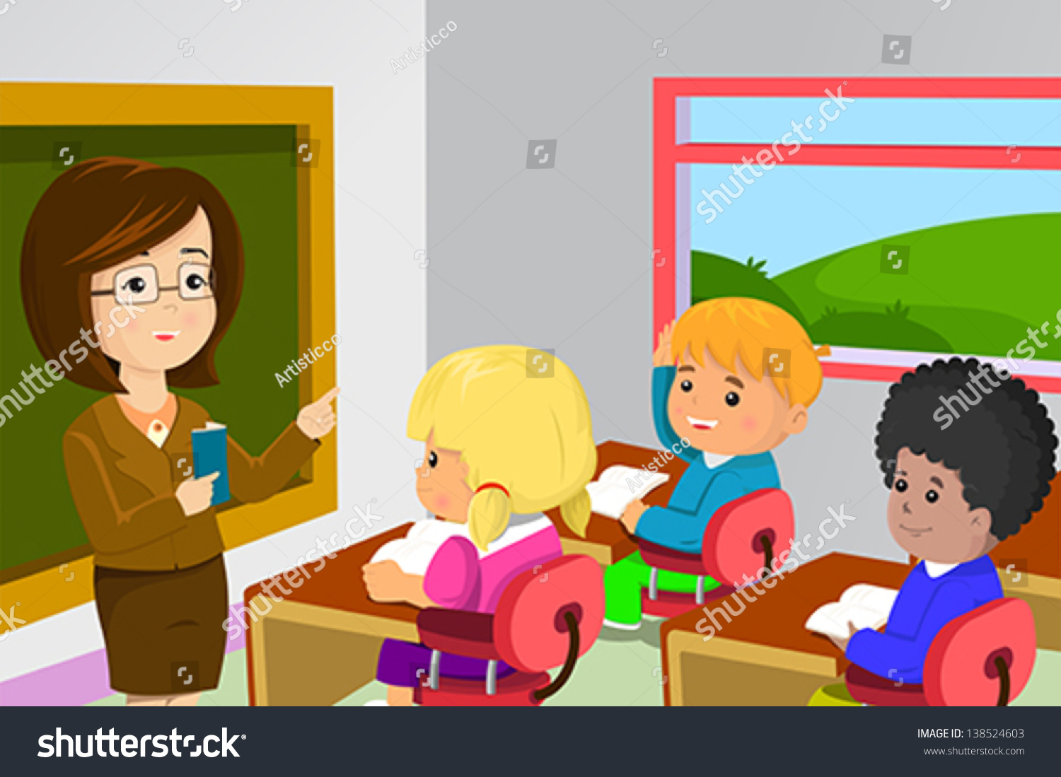 A Vector Illustration Of Kids Studying In Classroom With Teacher ...