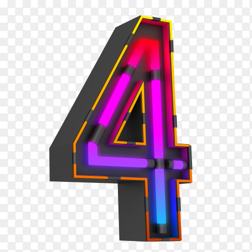 Colorful number 4 made from neon light on transparent background PNG