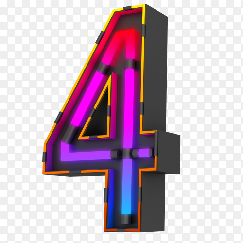 Colorful number four made from neon light on transparent background PNG