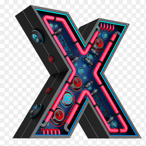 Letter X futuristic red neon led digital font 3d rendering on transparent background PNG