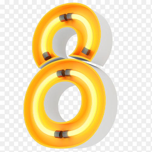 Number eight made from neon light on transparent background PNG