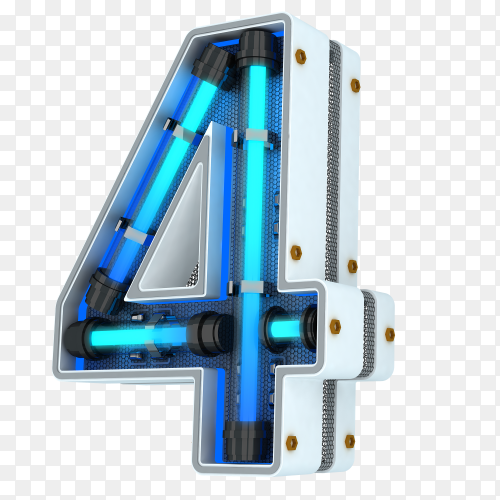 Number four made from neon light in blue color on transparent background PNG