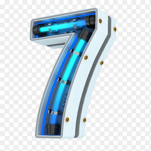 Number seven made from neon light in blue color on transparent background PNG