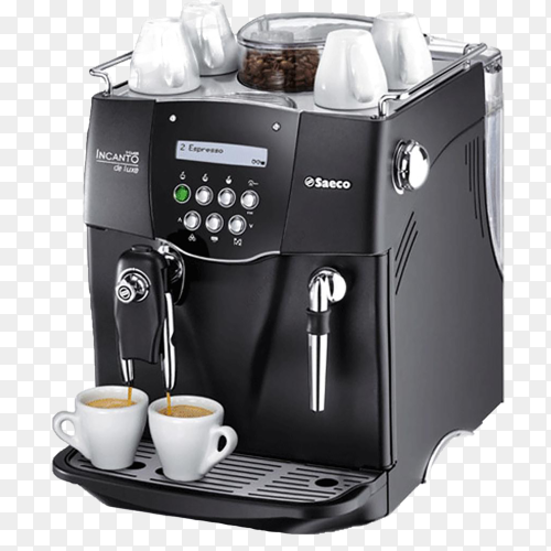 Black coffee machine filling two cups at a time on transparent background PNG