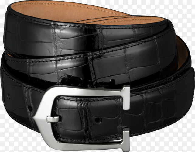 Black leather belt with metal buckle on transparent background PNG