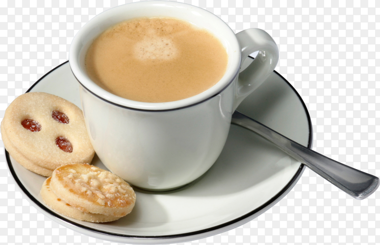 Cup of tea with milk with biscuits on transparent background PNG