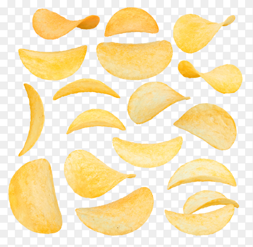 Flying and falling crispy wavy potato on transparent background PNG