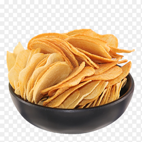 Potato chips in a black plate on transparent background PNG