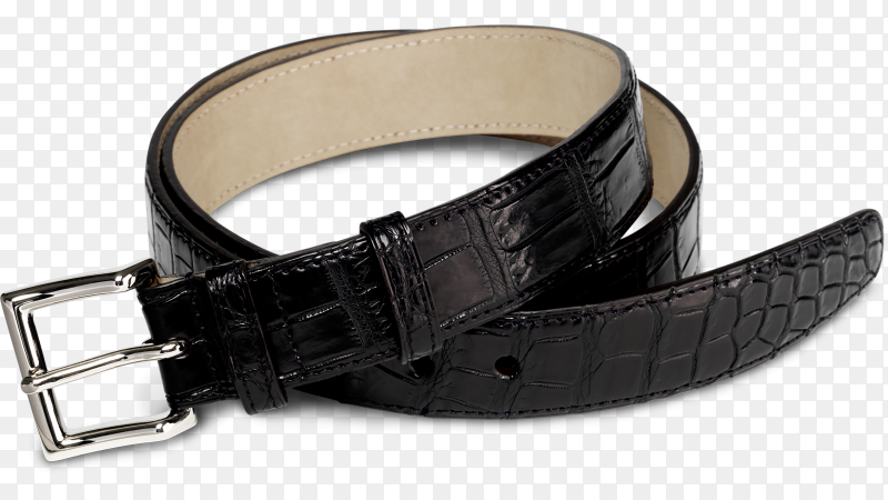 Realistic leather belt with metal buckle in black color on transparent background PNG