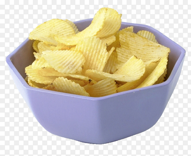 Tasty potato chips on a blue plate isolated on transparent background PNG