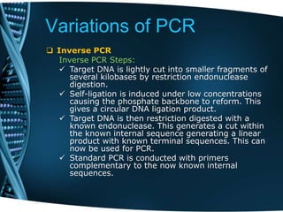 Variations of PCR
 Inverse PCR
Inverse PCR Steps:
 Target DNA is lightly cut into smaller fragments of
several kilobases by restriction endonuclease
digestion.
 Self-ligation is induced under low concentrations
causing the phosphate backbone to reform. This
gives a circular DNA ligation product.
 Target DNA is then restriction digested with a
known endonuclease. This generates a cut within
the known internal sequence generating a linear
product with known terminal sequences. This can
now be used for PCR.
 Standard PCR is conducted with primers
complementary to the now known internal
sequences.
 