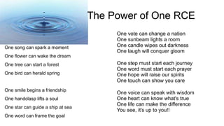 The Power of One RCE
One song can spark a moment
One flower can wake the dream
One tree can start a forest
One bird can herald spring
One smile begins a friendship
One handclasp lifts a soul
One star can guide a ship at sea
One word can frame the goal
One vote can change a nation
One sunbeam lights a room
One candle wipes out darkness
One laugh will conquer gloom
One step must start each journey
One word must start each prayer
One hope will raise our spirits
One touch can show you care
One voice can speak with wisdom
One heart can know what's true
One life can make the difference
You see, it's up to you!!
 