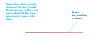 Draw a
horizontal line
as shown
Construct an ellipse when the
distance of the focus from its
Directrix is equal to 50mm and
eccentricity is 2/3.Also draw z
tangent and a normal to the
ellipse
 