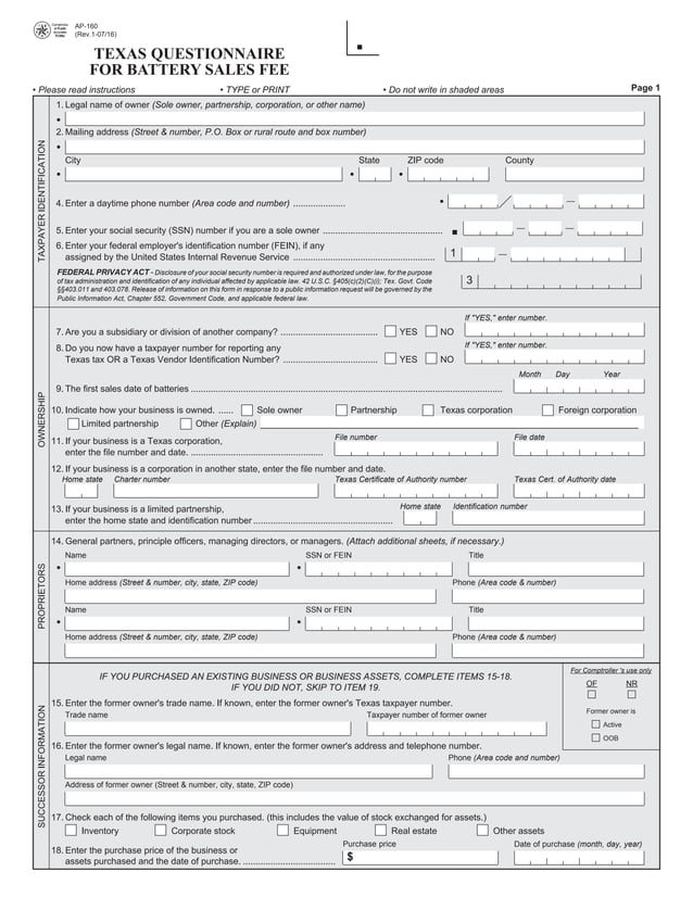 Miscellaneous Texas Tax Forms-AP-160 Texas Questionnaire for Battery ...