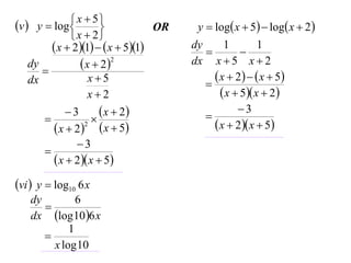  x  5
v  y  log 
OR

 x  2
 x  21   x  51
dy
 x  22

x5
dx
x2

3
 x  2

 x  22  x  5
3

 x  2 x  5


vi  y  log10 6 x
dy
6

dx log 10 6 x
1

x log 10

y  log x  5  log x  2 

dy
1
1


dx x  5 x  2
 x  2    x  5

 x  5 x  2
3

 x  2 x  5

 