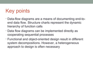 Key points Data-flow diagrams are a means of documenting end-to-end data flow. Structure charts represent the dynamic hierarchy of function calls Data flow diagrams can be implemented directly as cooperating sequential processes Functional and object-oriented design result in different system decompositions. However, a heterogeneous approach to design is often necessary 