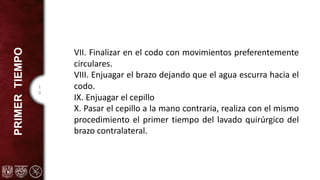 1
0
PRIMER
TIEMPO
VII. Finalizar en el codo con movimientos preferentemente
circulares.
VIII. Enjuagar el brazo dejando que el agua escurra hacia el
codo.
IX. Enjuagar el cepillo
X. Pasar el cepillo a la mano contraria, realiza con el mismo
procedimiento el primer tiempo del lavado quirúrgico del
brazo contralateral.
 