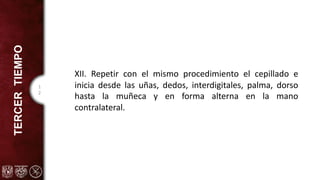 1
2
TERCER
TIEMPO
XII. Repetir con el mismo procedimiento el cepillado e
inicia desde las uñas, dedos, interdigitales, palma, dorso
hasta la muñeca y en forma alterna en la mano
contralateral.
 